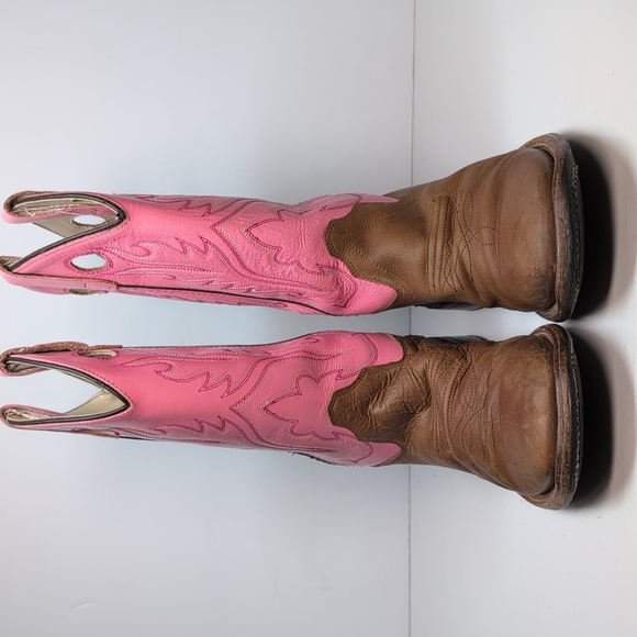 Old West Western sqaure Toe Pink & Brown Cowgirl Boots big girl size 4 - Picture 3 of 16